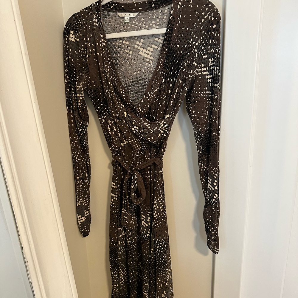 Cabi Brown Patterned Long Sleeve Faux Wrap Dress Size Small
